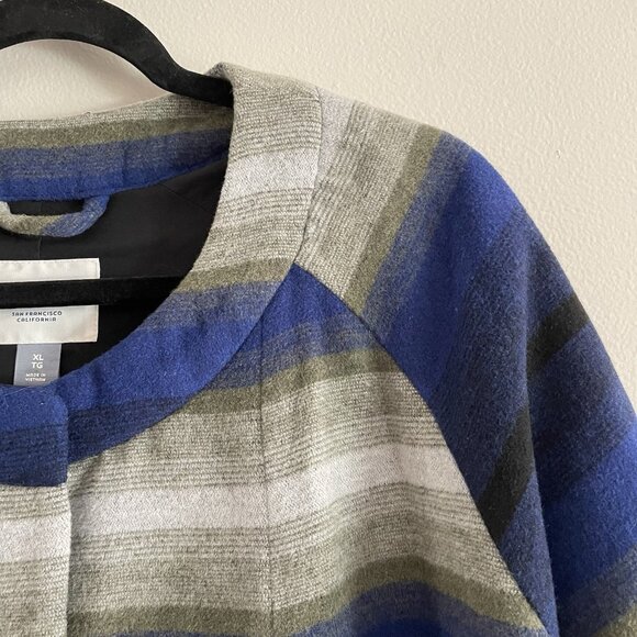 Old Navy Women XL Blue Striped Wool Blend Collarless Longline Blanket Coat NWT - Picture 8 of 14